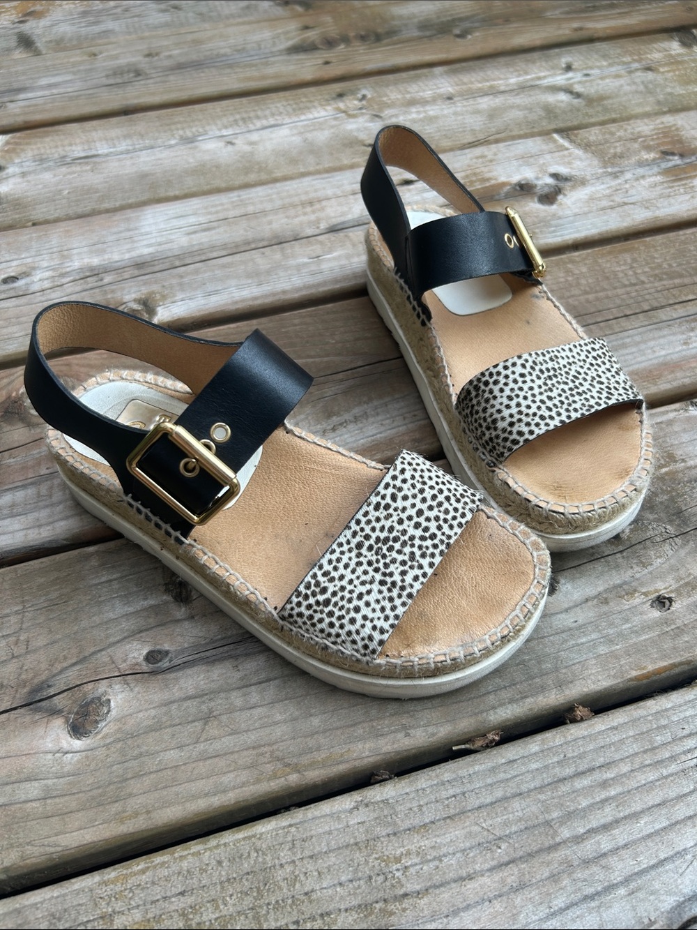 Black Leather & Speckled Espadrille Sandals size 6.5